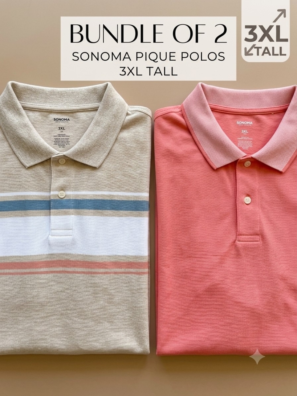 LOT OF 2 NWT Sonoma Essential Pique Polo Shirts 3XL TALL Striped Coral